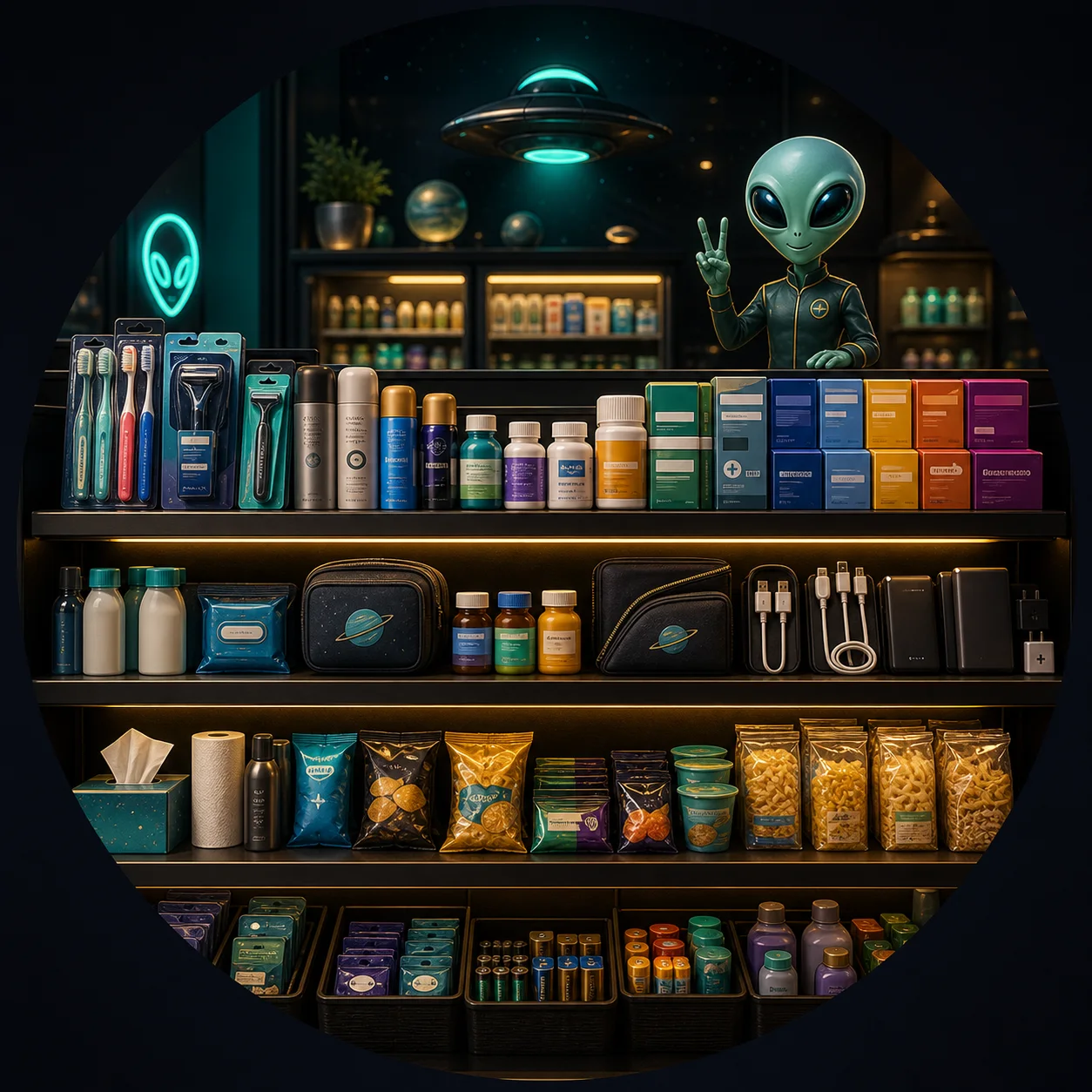 AI-generated daily essentials shelf with alien-store styling.
