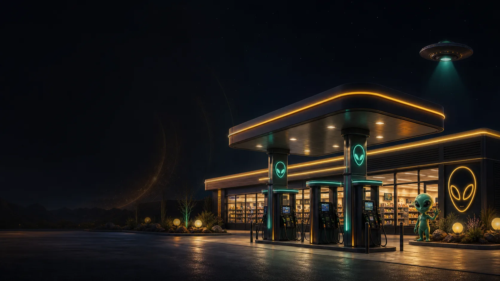 AI-generated cosmic gas station with alien-themed fuel pumps.