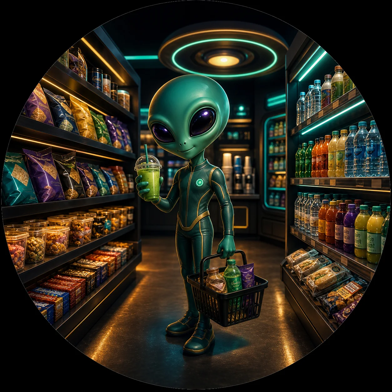 AI-generated alien in a convenience store aisle with snacks and drinks.
