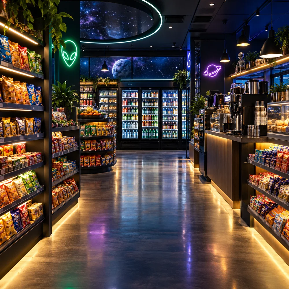 AI-generated convenience store shelves with coffee, snacks, drinks, and tasteful alien neon decor.